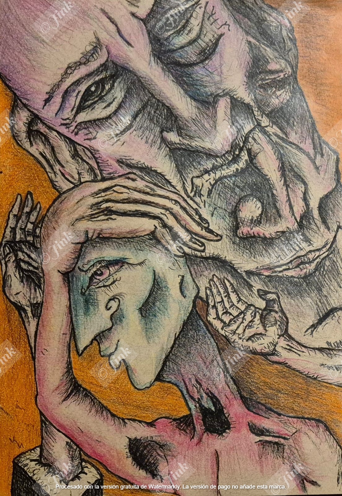 Ilustración surreal de Jink con rostros superpuestos y manos.