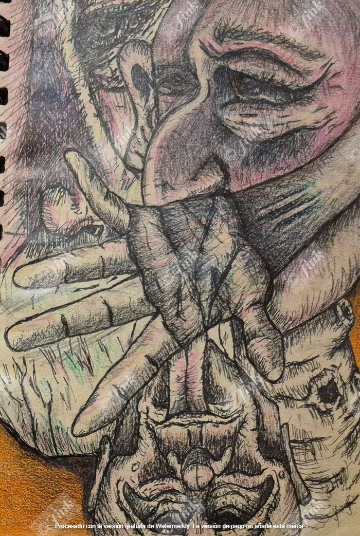 Ilustración expresionista: rostro, manos y máscara (tinta/grafito + color).