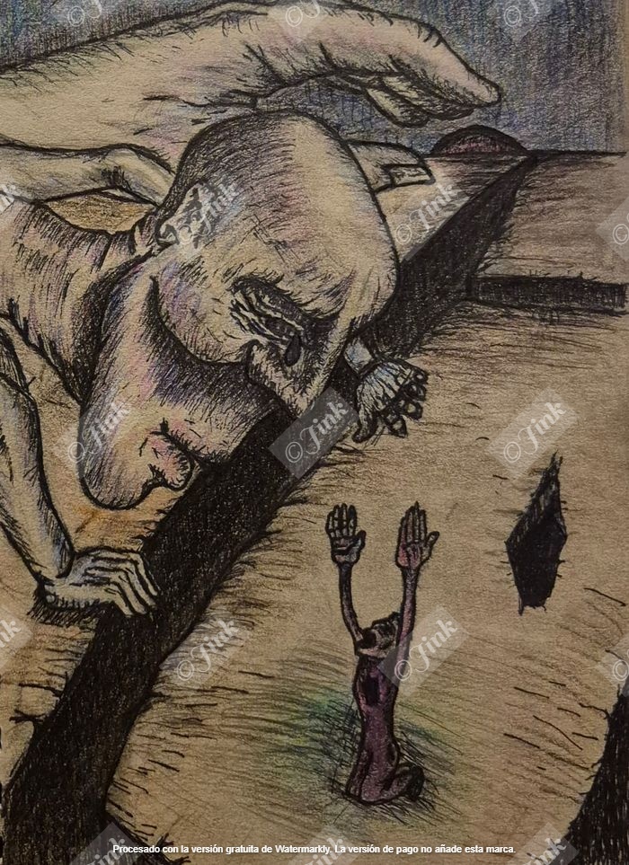 Ilustración surreal: figura gigante y figura pequeña, tensión narrativa (técnica mixta).