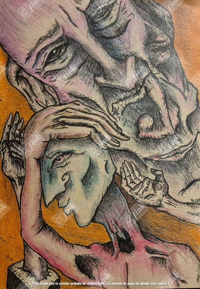 Ilustración surreal: rostros superpuestos y manos, paleta terrosa con acentos fríos.